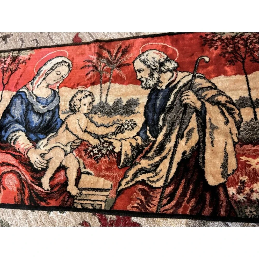 VTG VELVET TAPESTRY HOLY FAMILY WALL HANGING - MARY, JOSEPH, & BABY JESUS ITALY